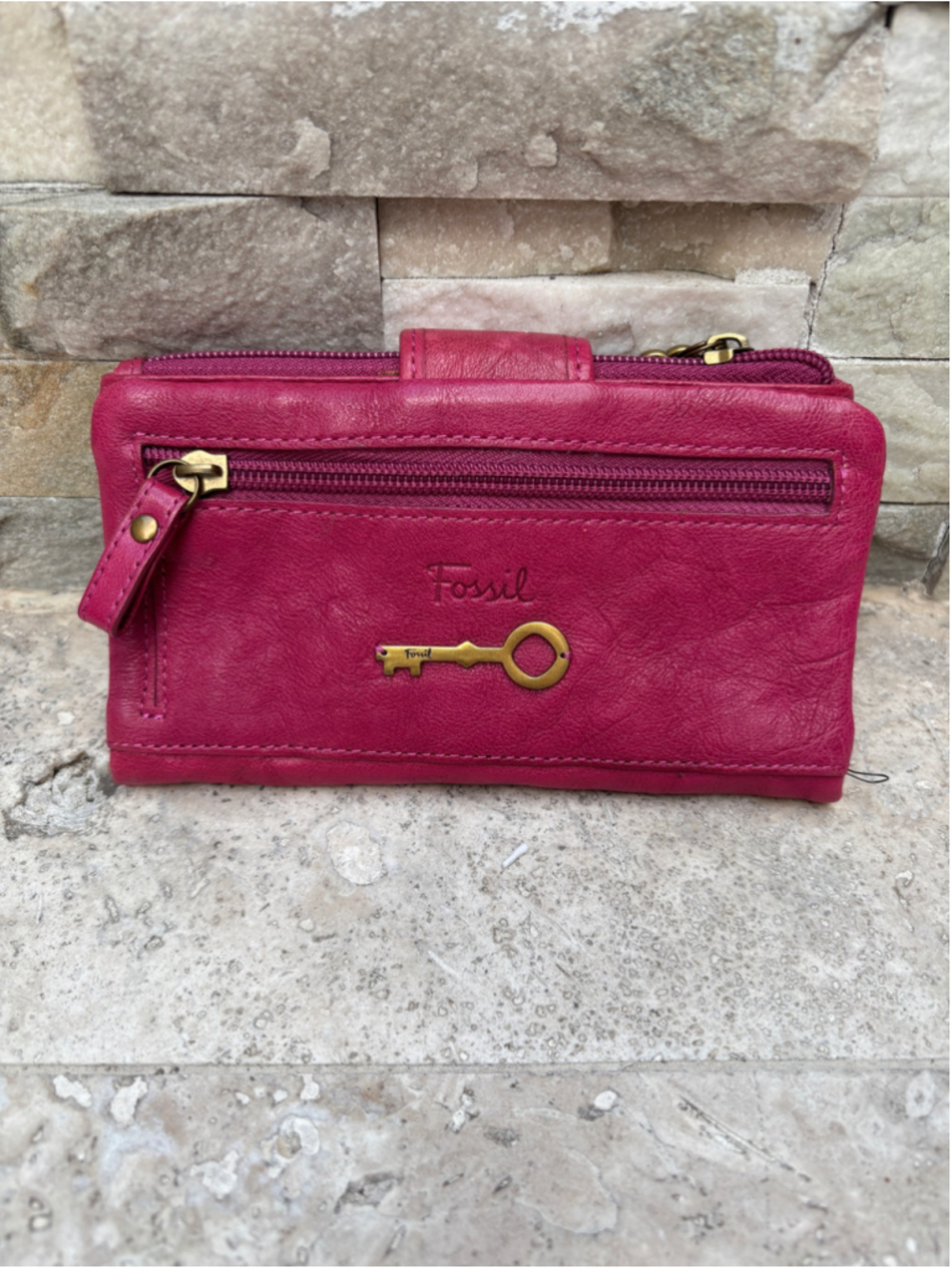 Long Live Vintage 1954 Fossil Genuine Blue Leather Wallet Embossed Key Pink